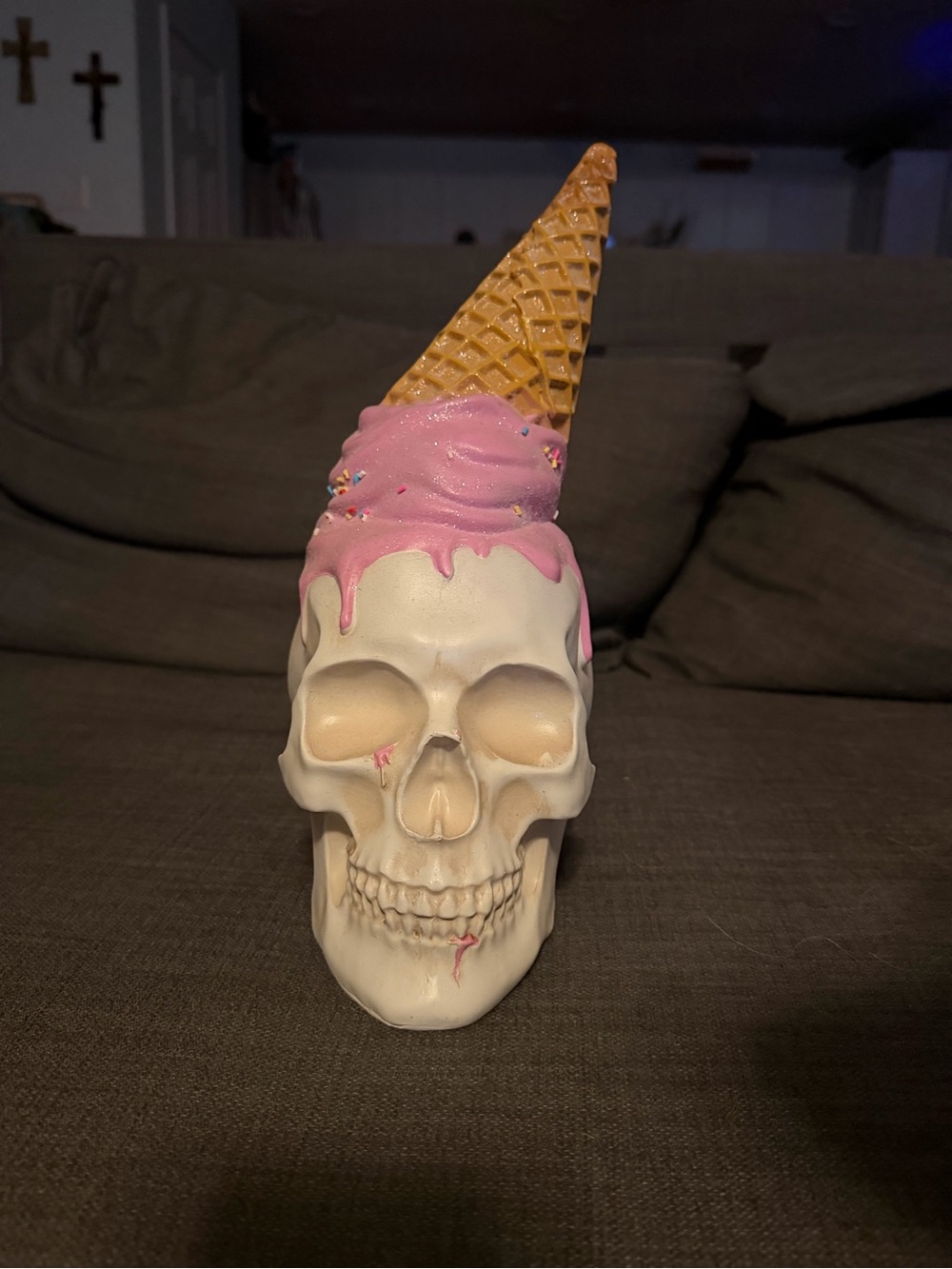 Skull Figurine with Pink Ice Cream Cone Topper